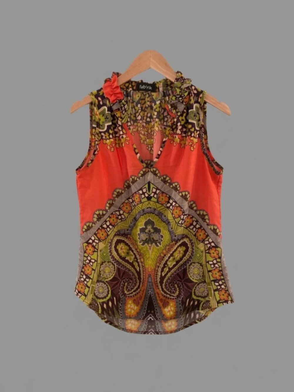 Fab'rik Boho Floral Paisley Sleeveless V Neck Ruffle Collar Blouse Orange M